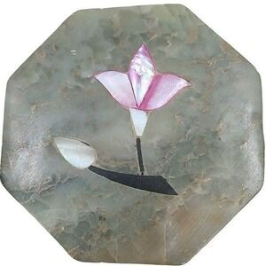 Unbranded Soapstone Trinket Box Small Green Pink Floral Mother of Pearl Inlay